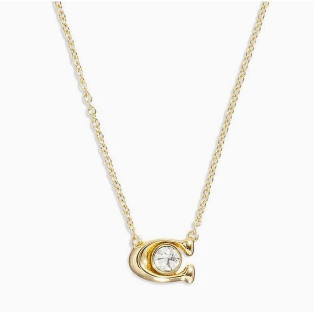 Coach Signature C Necklace & Stud Earrings Set Gold Tone Crystal Logo New - Picture 3 of 5